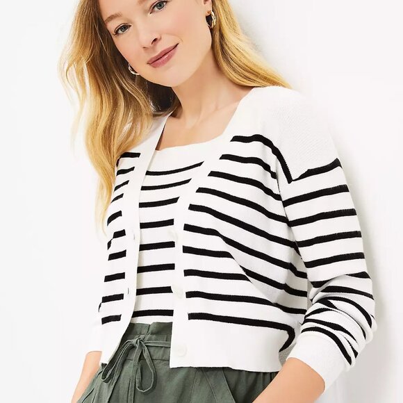 LOFT - Striped V-Neck Cardigan - Size Petite Medium - Picture 3 of 8